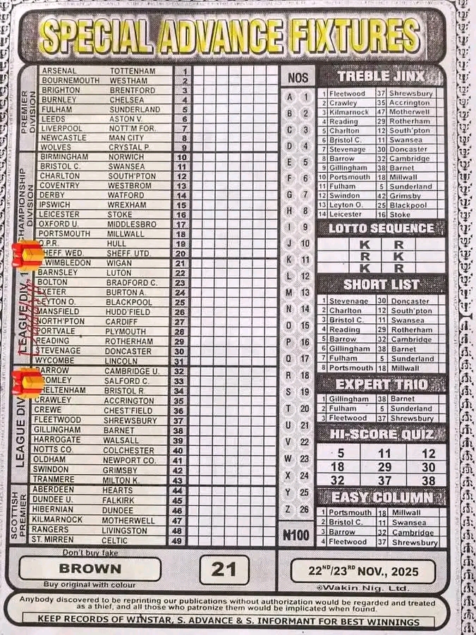 Week 20 special advance fixture